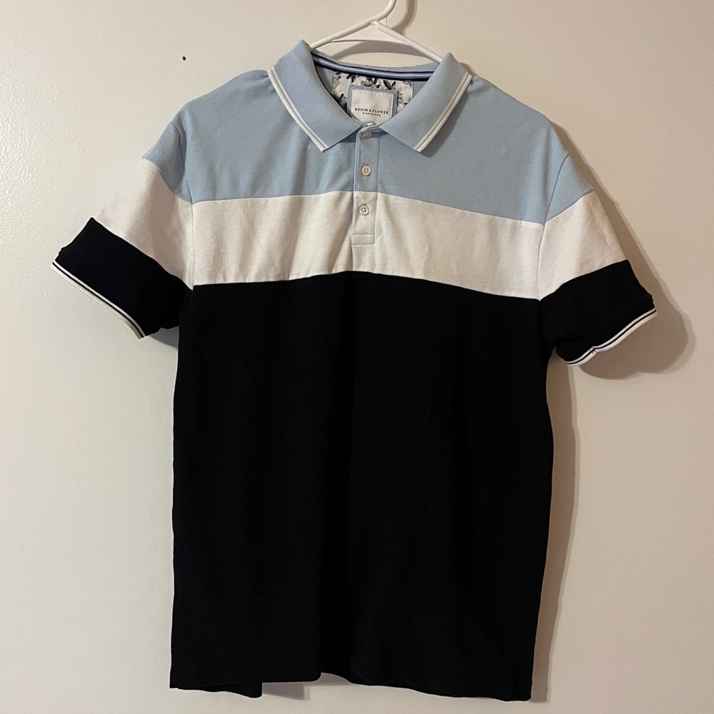 Men’s Size Large Blue Black & White Polo Short Sleeve Top